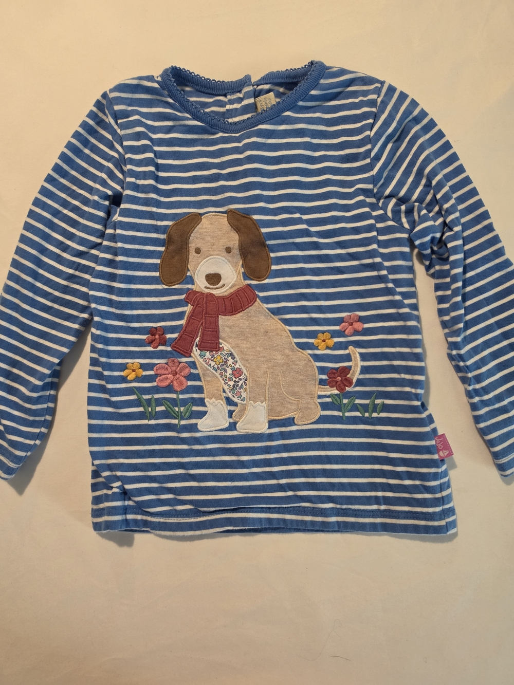 JoJo Maman Bebe Blue Striped Dog Applique Long Sleeve Top 2-3Y (2T/3T)